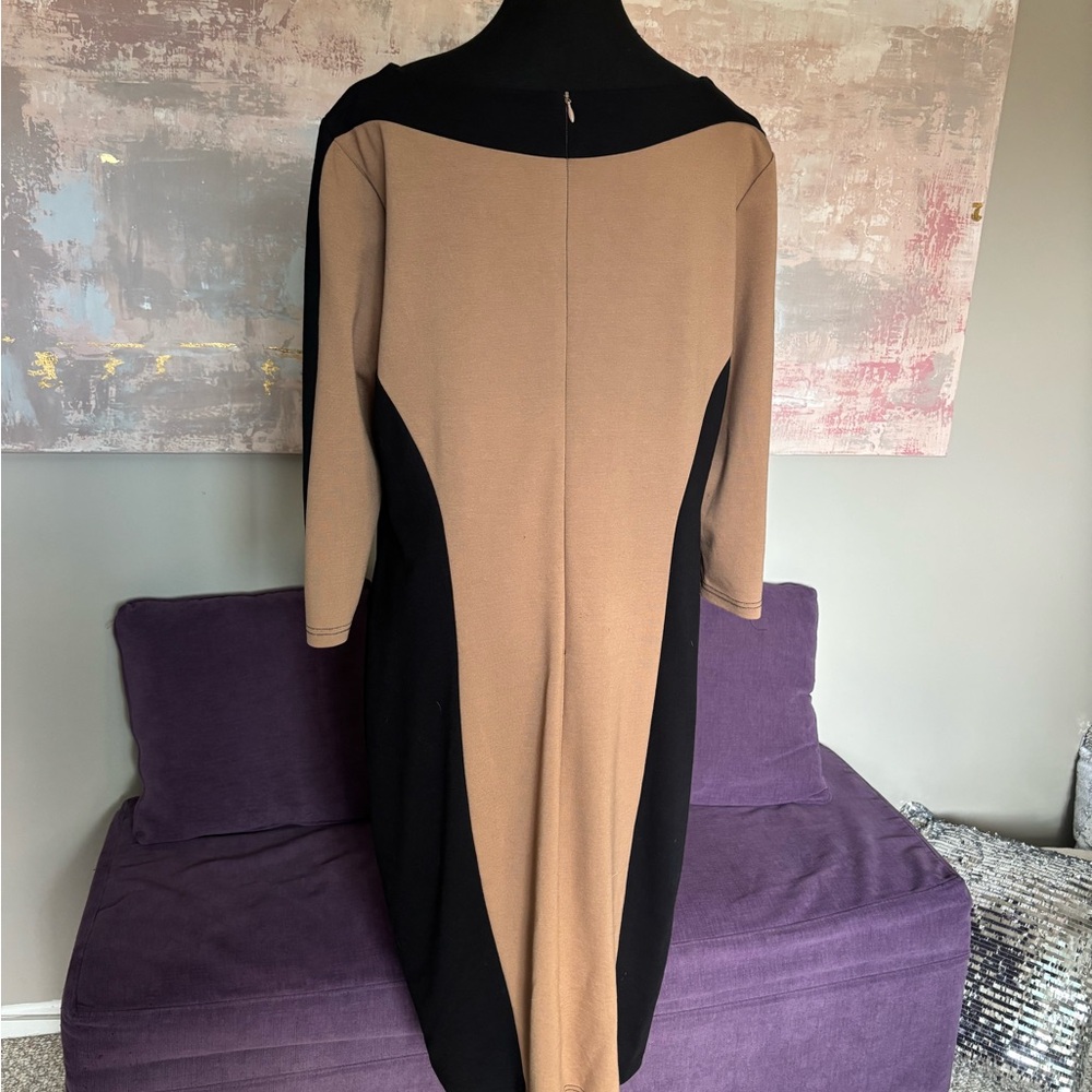 Beige and Black Sheath Dress with Decorative Buckle - Picture 4 of 12